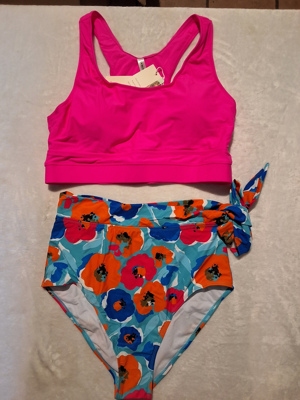 Vibrant Pink Scoop Swim Top with Floral High-Waist Bikini Bottoms